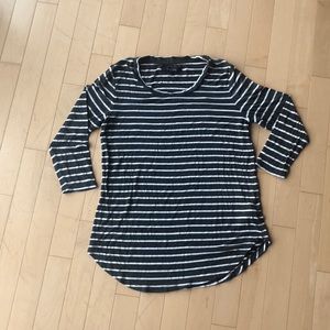 Grey and White Striped 3/4 Length Sleeved Tee